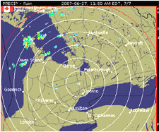 Weather radar graphic for station WKR located near Toronto, Ontario.
