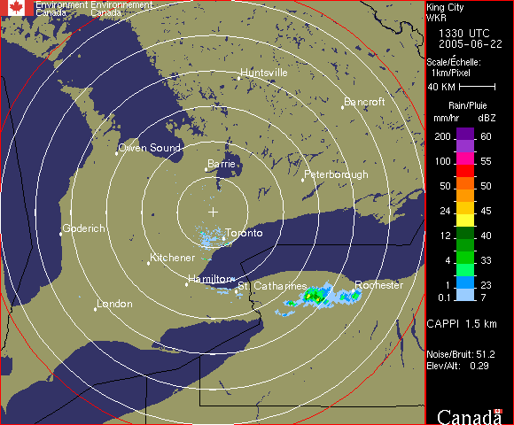 Weather radar graphic for station WKR located near Toronto, Ontario.